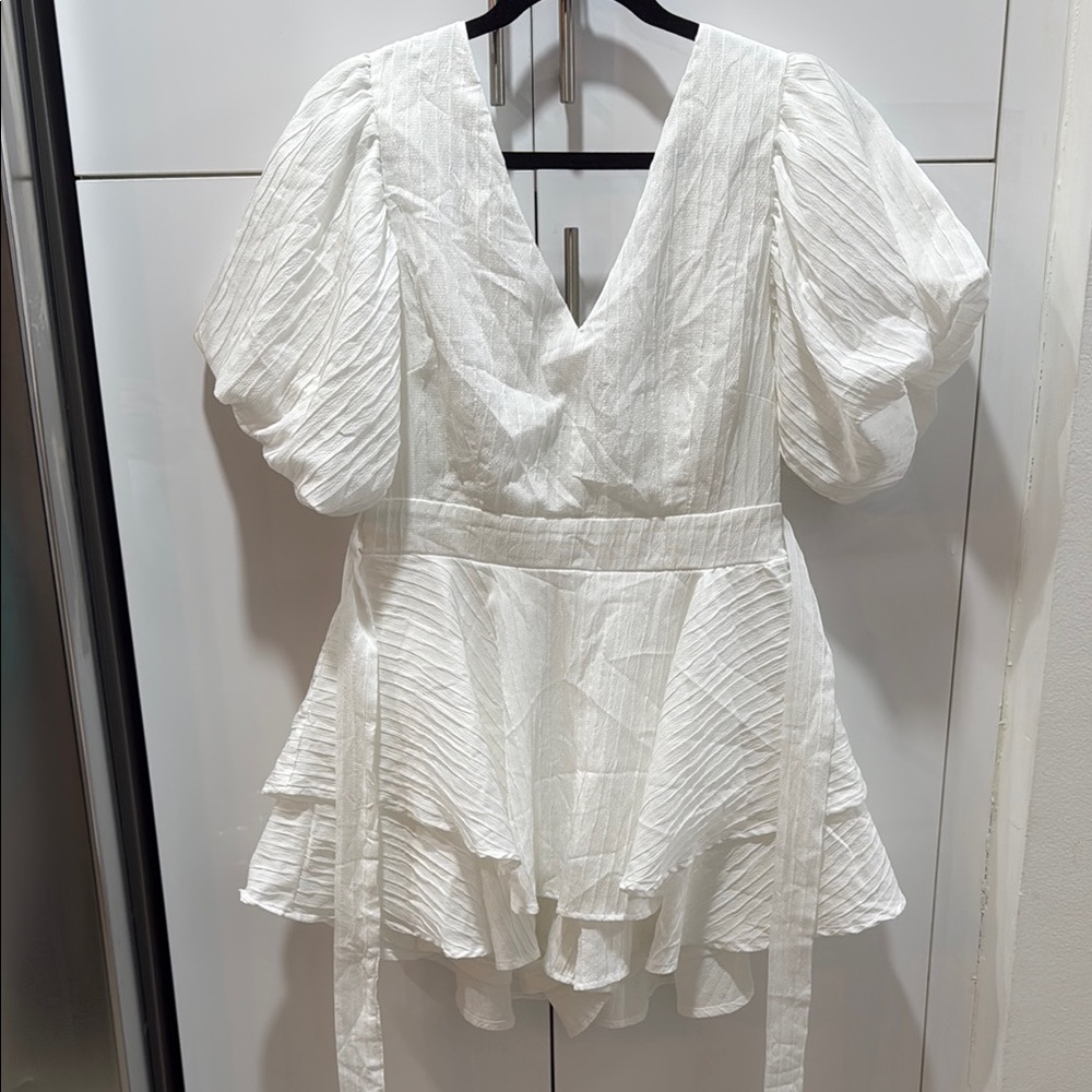 White Tiered Ruffled Mini Dress with Puff Sleeves